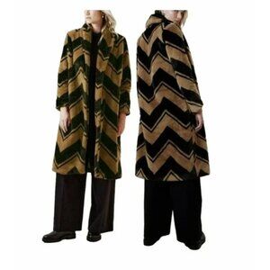 Brand New Womens Faux Fur Long Coat Petite XS Banana Republic Black Tan Chevron